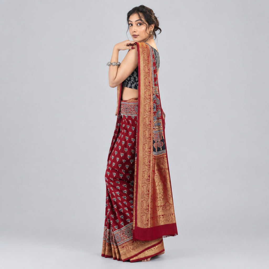 Maroon Red Ajrakh Block Print Saree