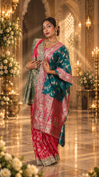 Premium Banarasi Silk Party Wear Saree with Contrast Dupatta & Heavy Stone Mirror Handwork