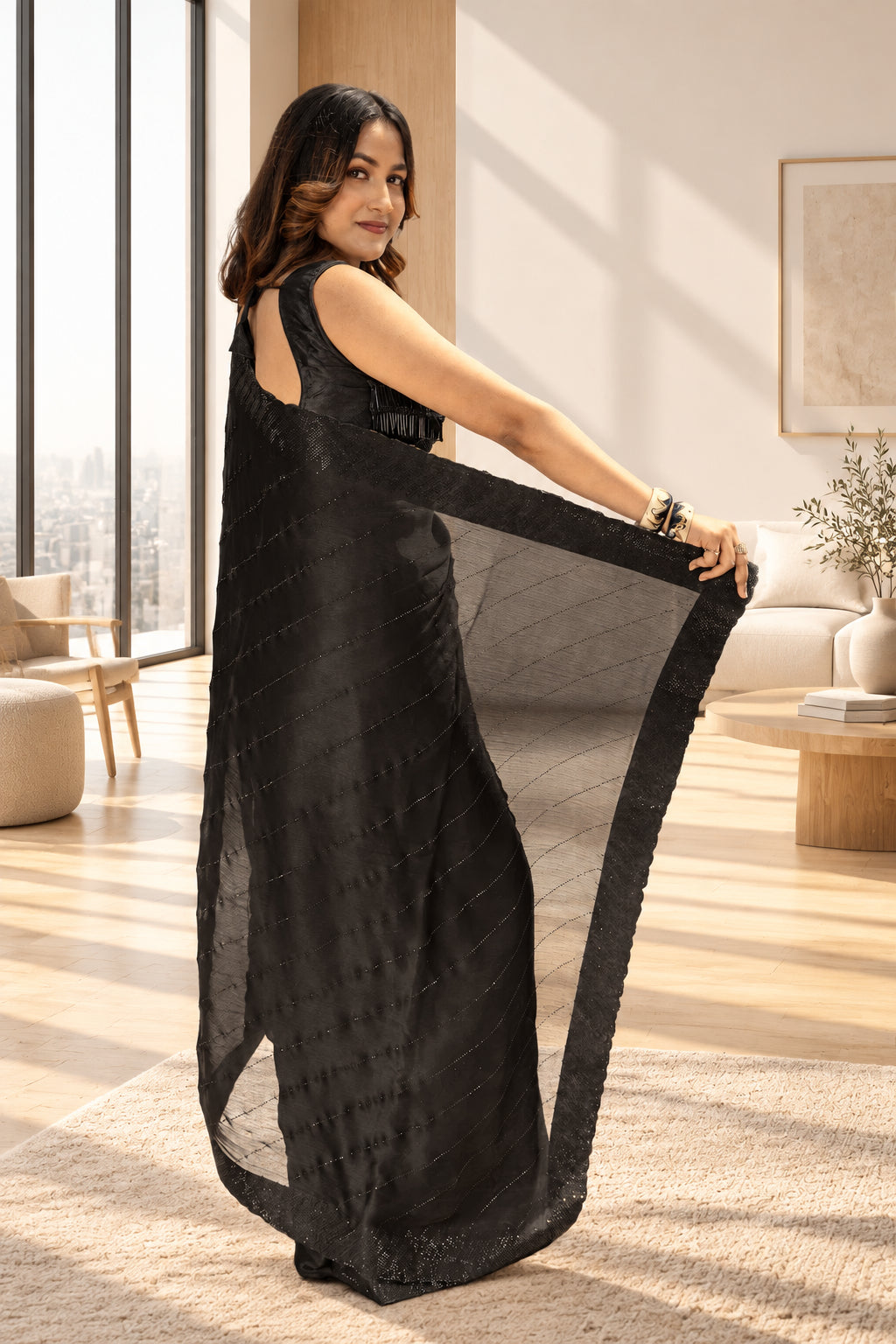 A woman models a black sleeveless maxi dress with a sheer, flowing dupatta in a warm, elegantly lit indoor setting.