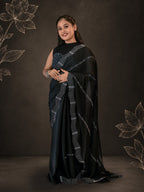 Black Soft Chiffon Saree with Silver Stone Handwork - Timeless in Black