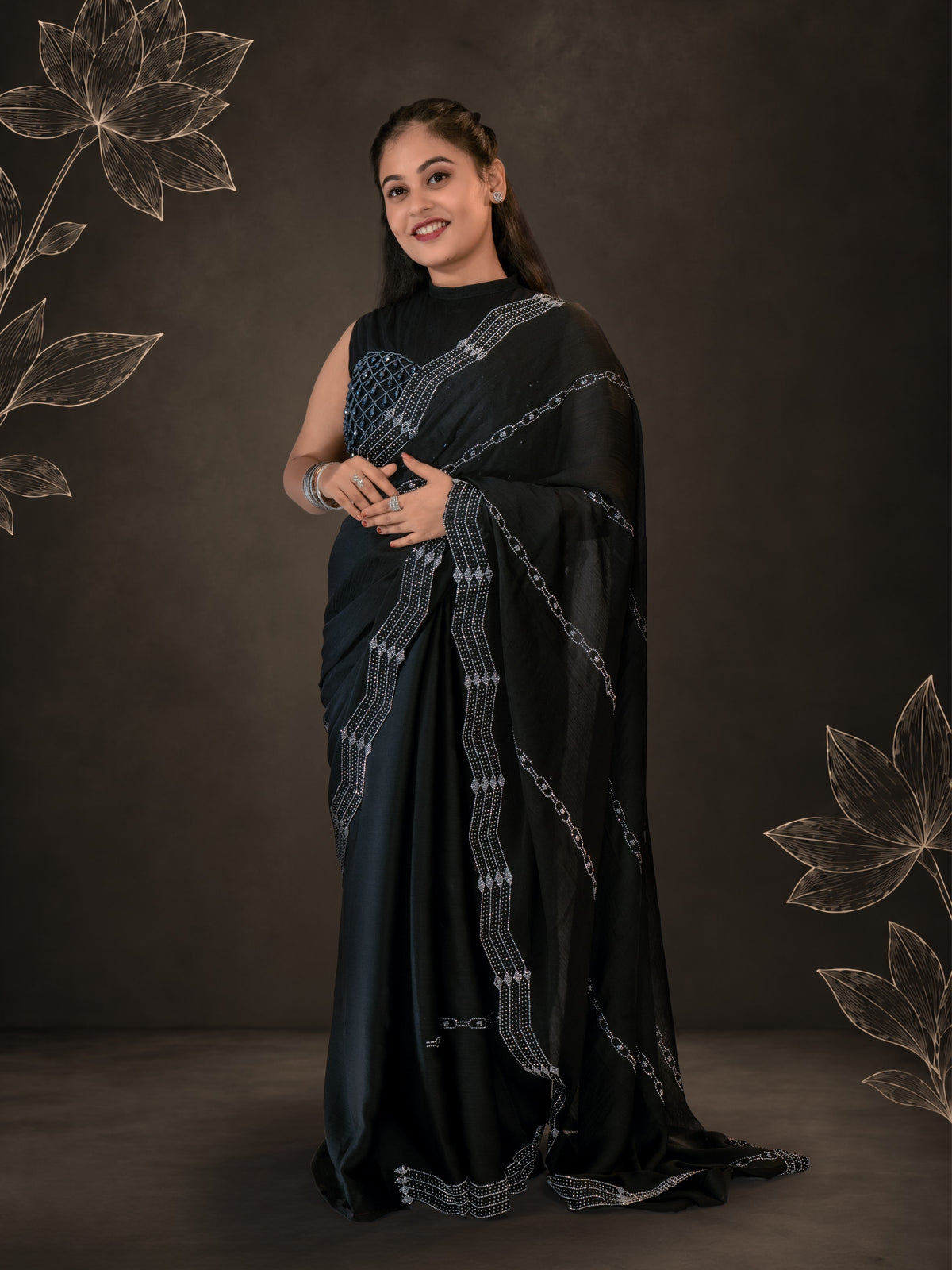 Black Soft Chiffon Saree with Silver Stone Handwork - Timeless in Black