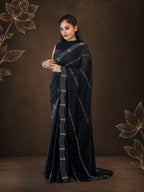 Black Soft Chiffon Saree with Silver Stone Handwork - Timeless in Black