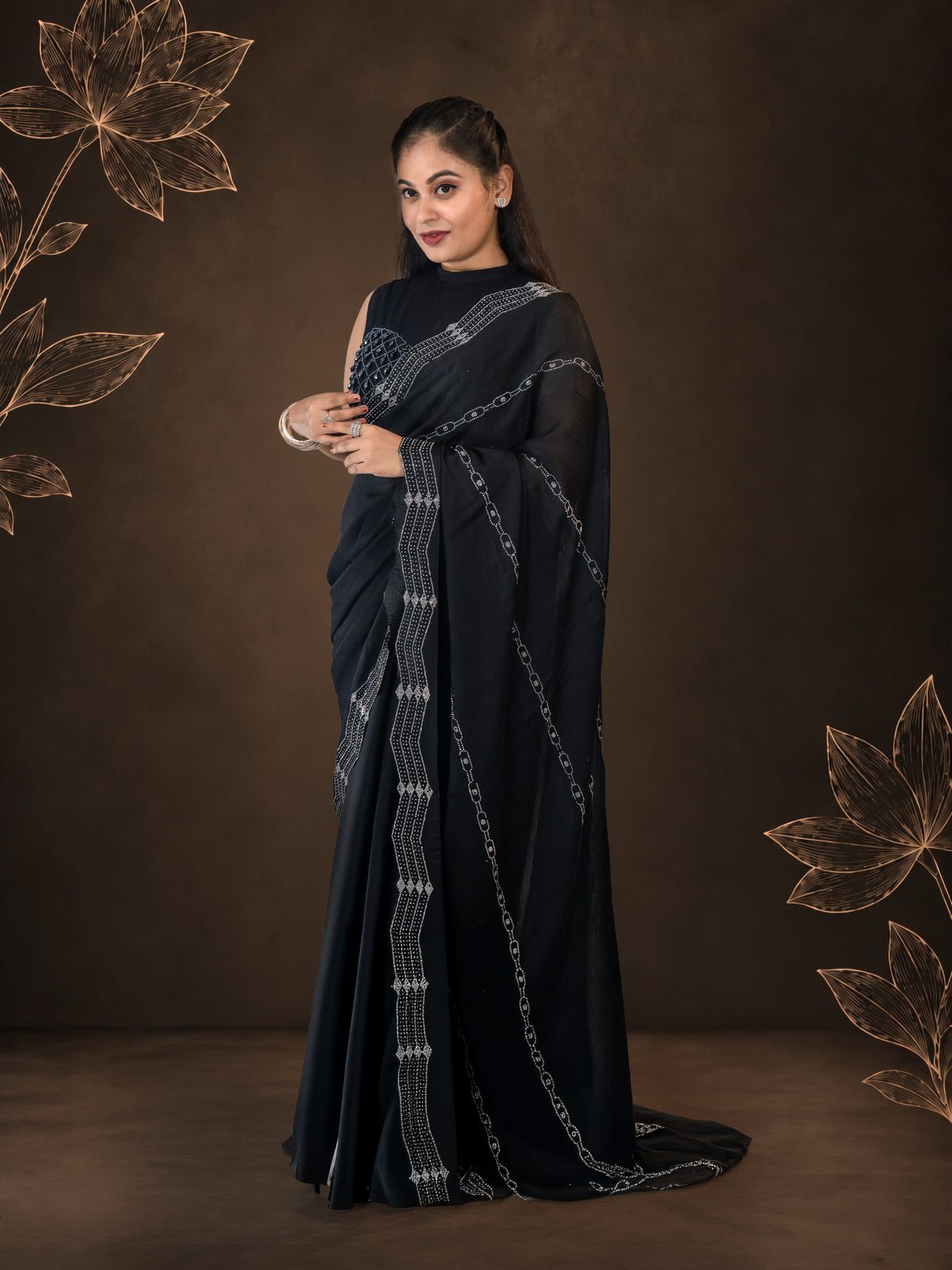 Black Soft Chiffon Saree with Silver Stone Handwork - Timeless in Black