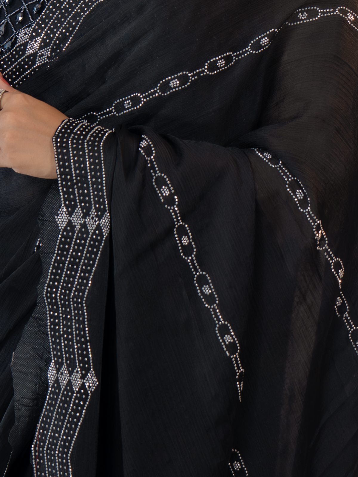 Black Soft Chiffon Saree with Silver Stone Handwork - Timeless in Black