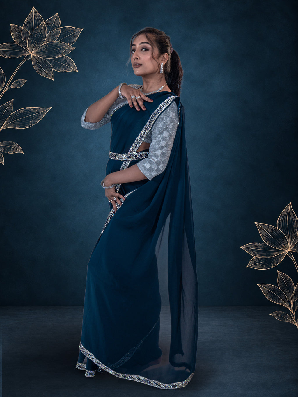 Teal Blue Stone Work Saree with Designer Belt