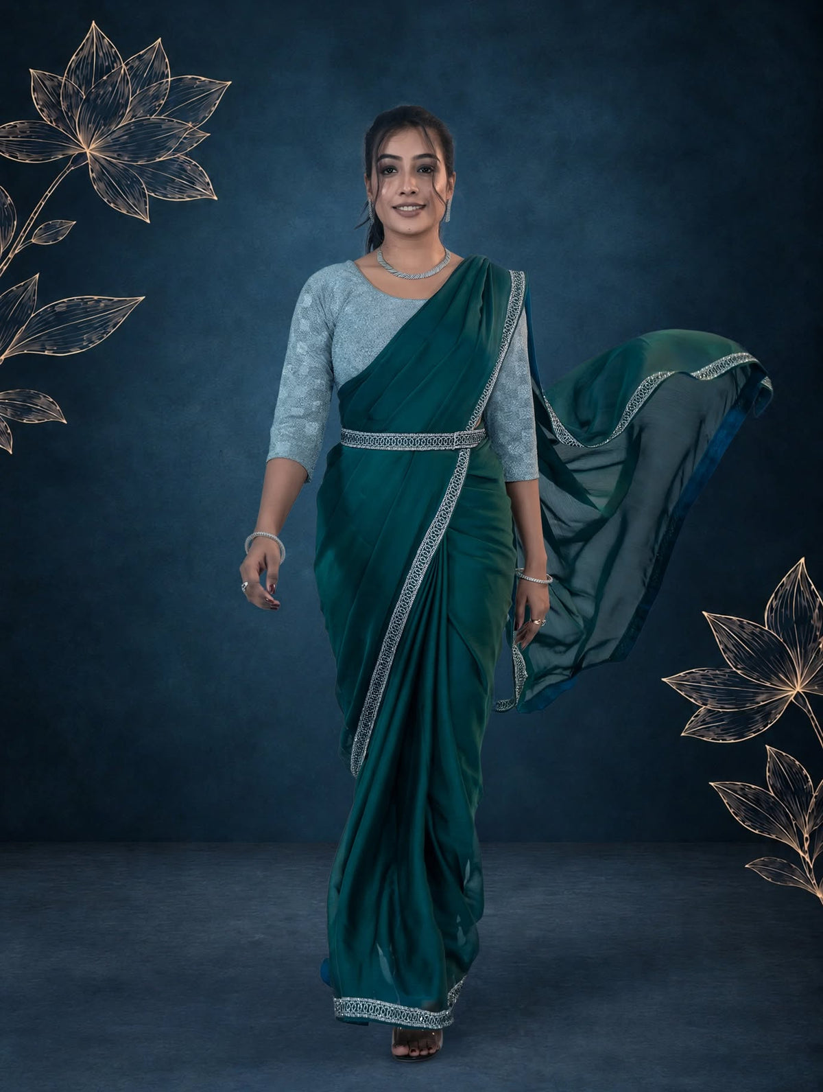 Teal Green Stone Work Saree with Designer Belt