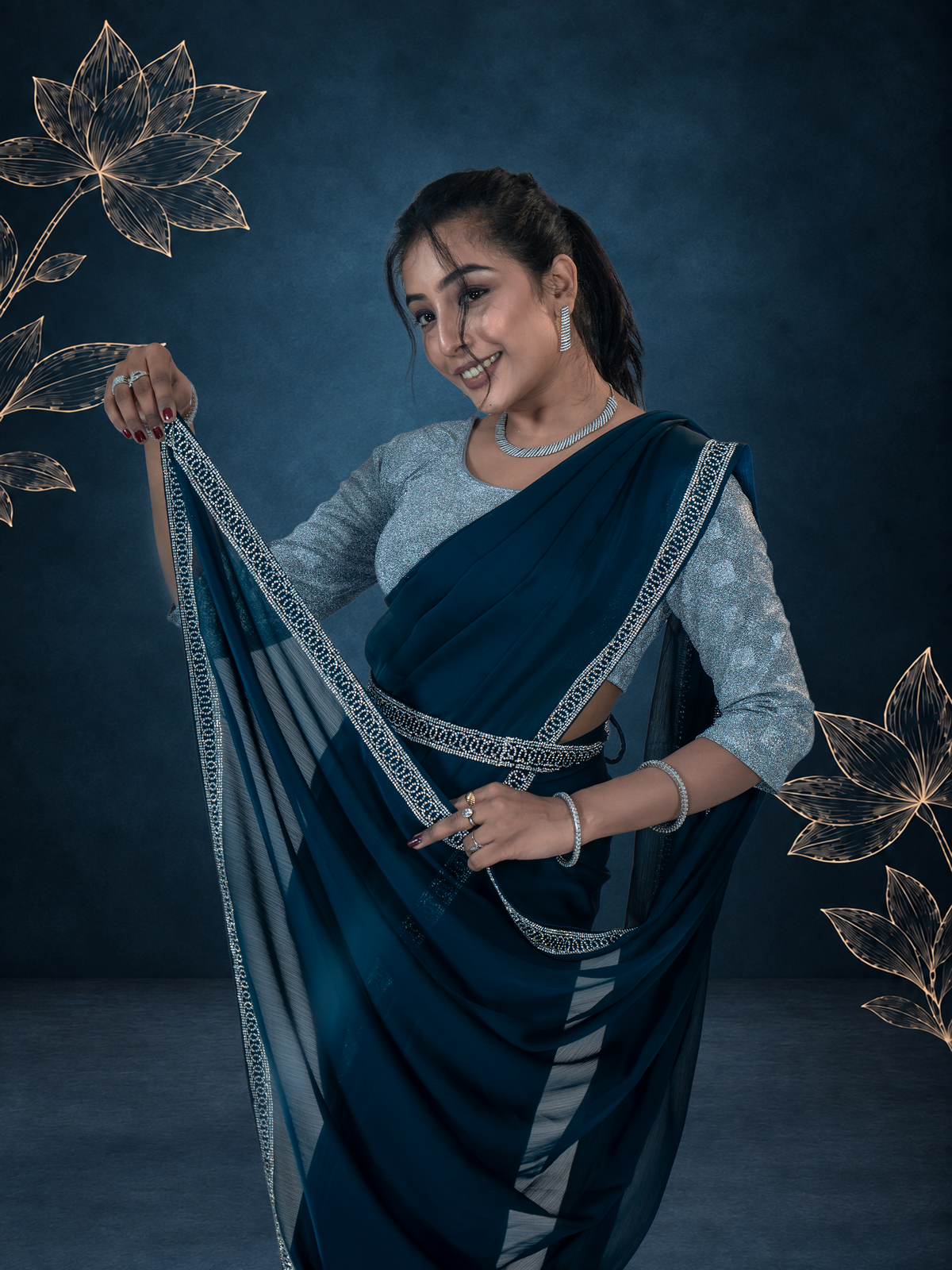 Teal Blue Stone Work Saree with Designer Belt
