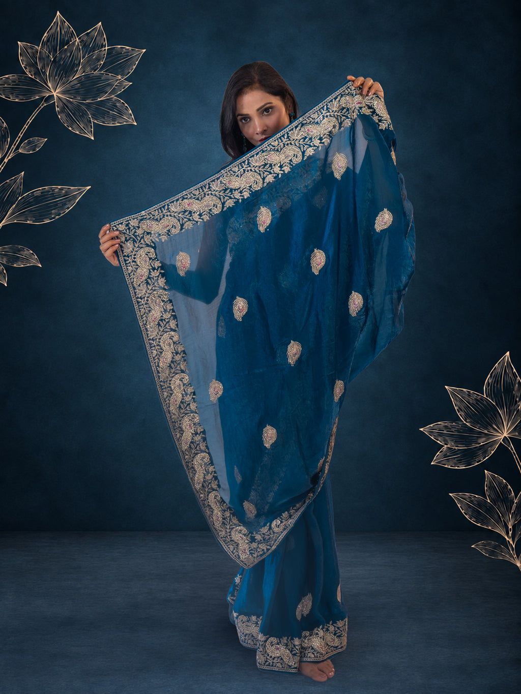Royal Metallic Blue Kora Silk Shimmer Saree