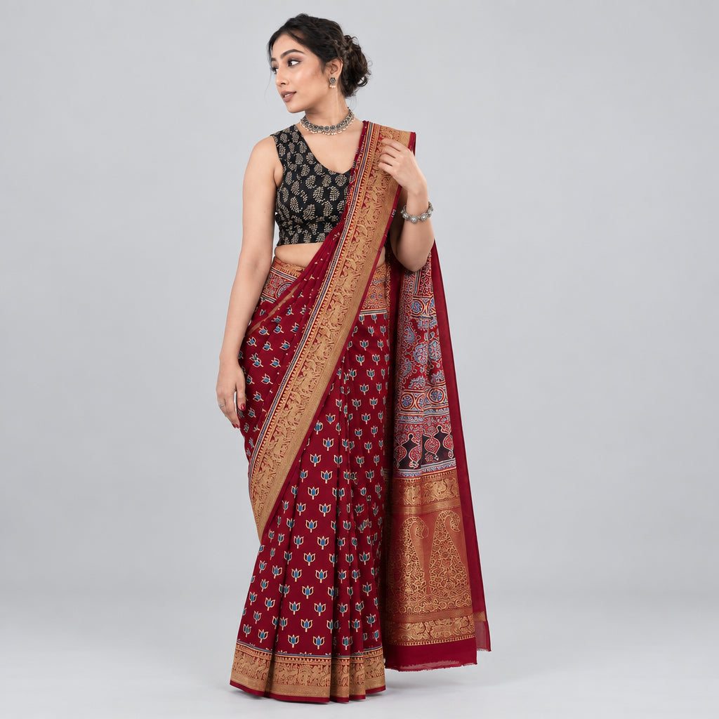 Maroon Red Ajrakh Block Print Saree