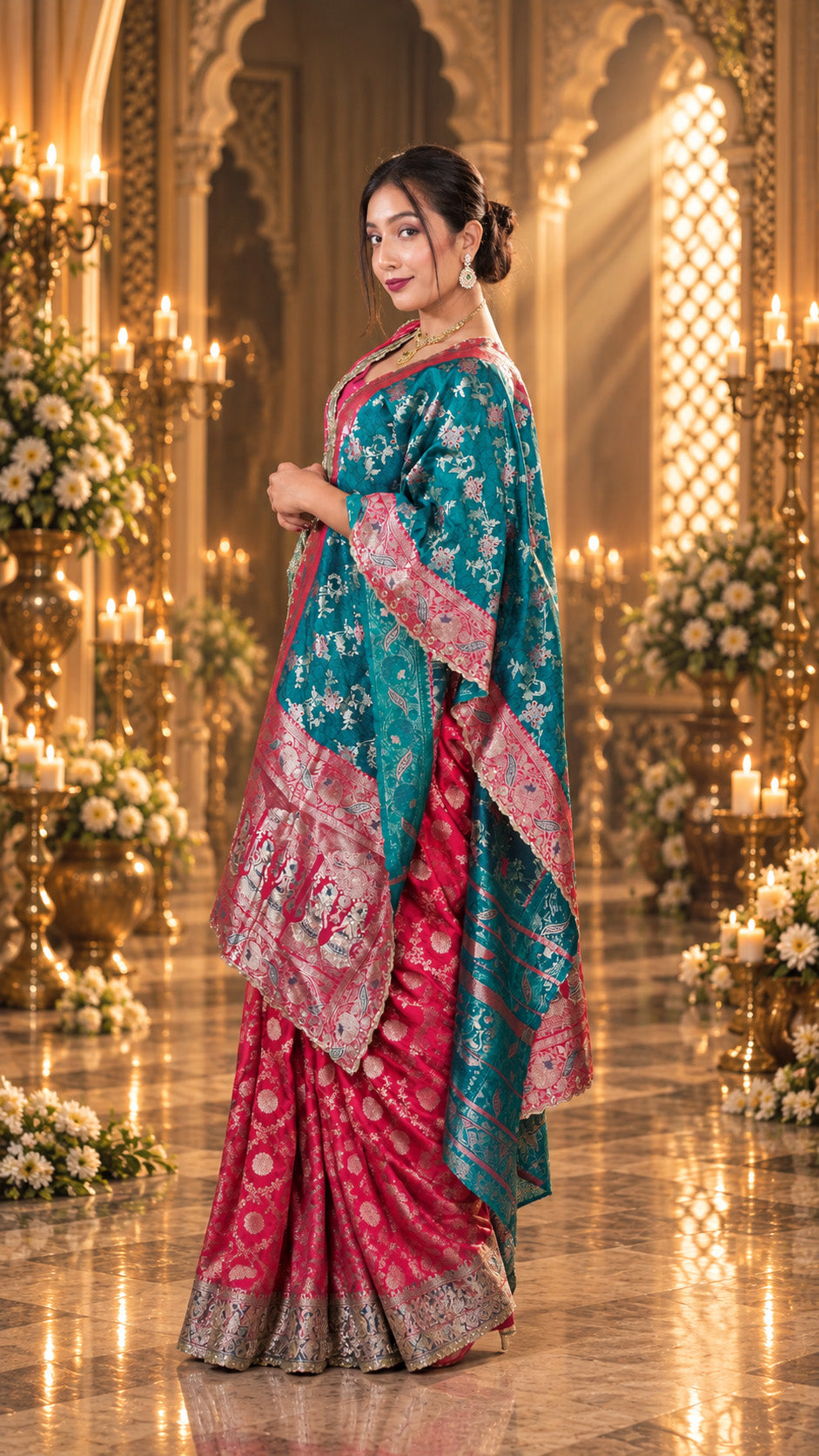 Premium Banarasi Silk Party Wear Saree with Contrast Dupatta & Heavy Stone Mirror Handwork