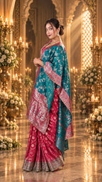 Premium Banarasi Silk Party Wear Saree with Contrast Dupatta & Heavy Stone Mirror Handwork