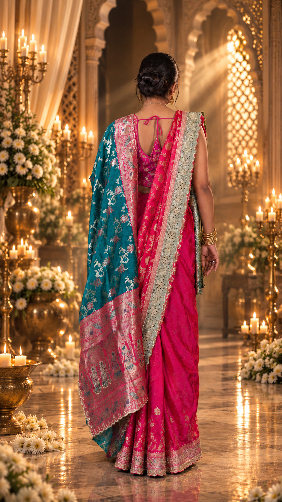 Premium Banarasi Silk Party Wear Saree with Contrast Dupatta & Heavy Stone Mirror Handwork