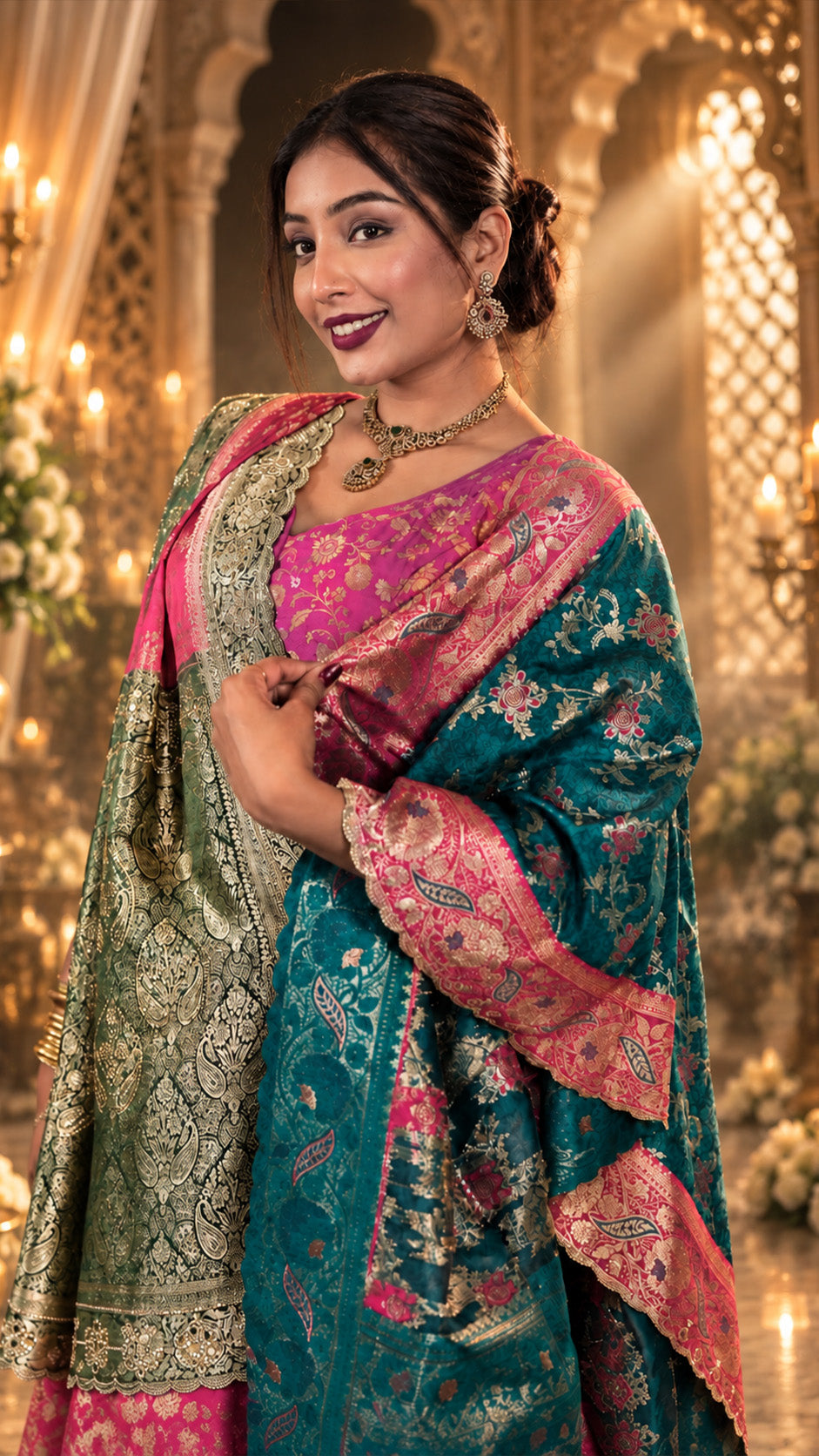 Premium Banarasi Silk Party Wear Saree with Contrast Dupatta & Heavy Stone Mirror Handwork