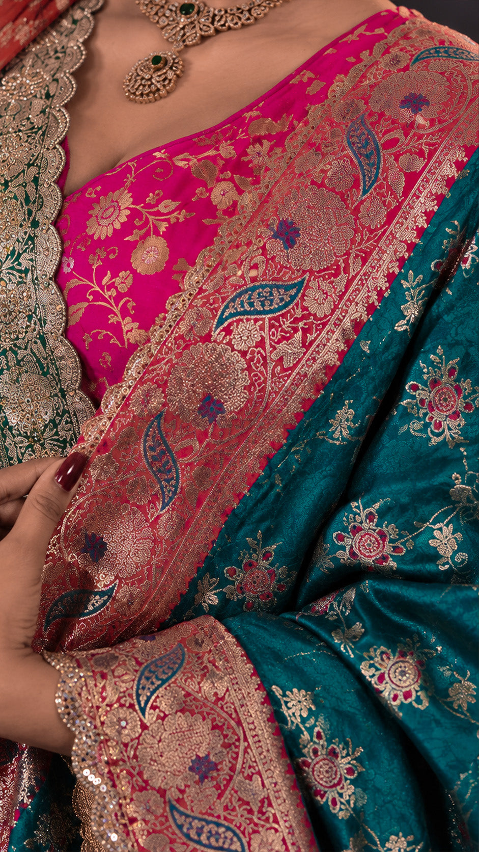 Premium Banarasi Silk Party Wear Saree with Contrast Dupatta & Heavy Stone Mirror Handwork