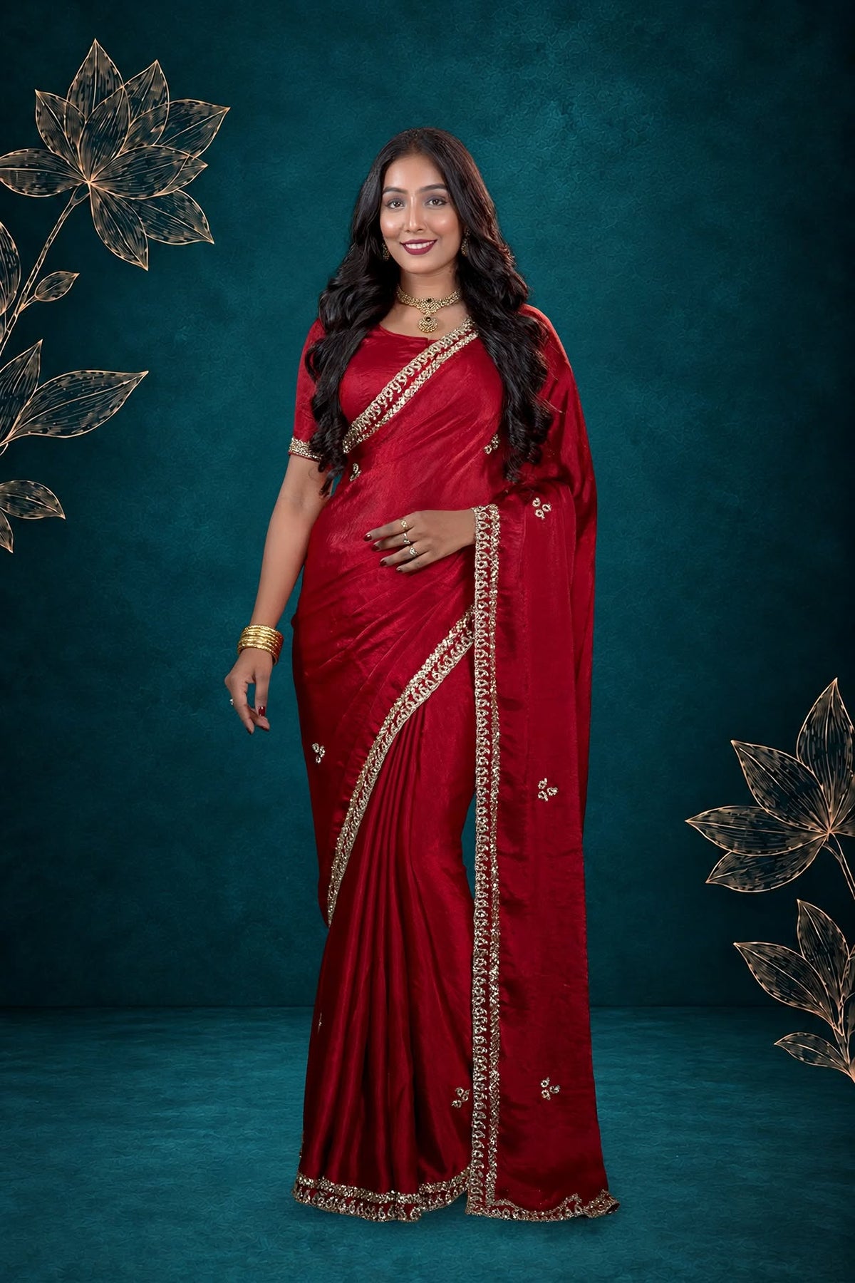 Metallic Cherry Red Kora Silk Shimmer Saree
