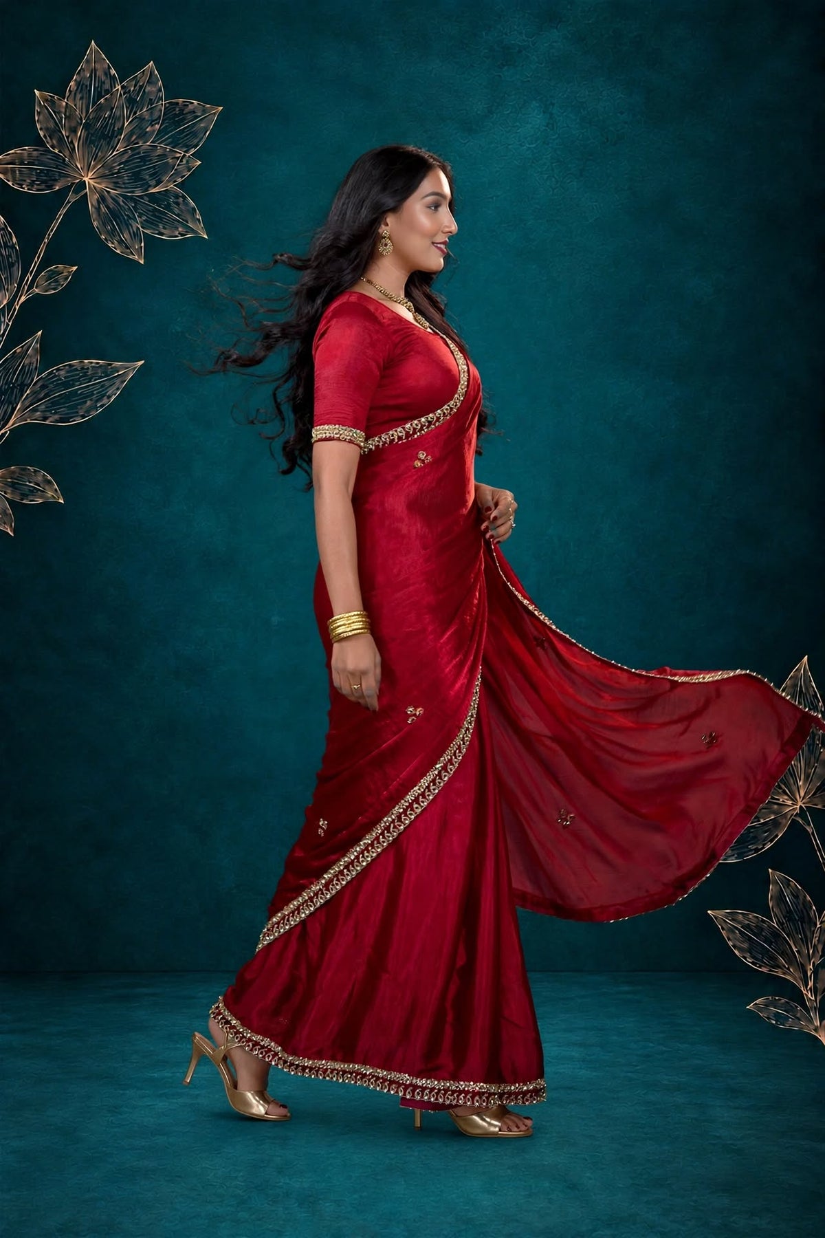 Metallic Cherry Red Kora Silk Shimmer Saree