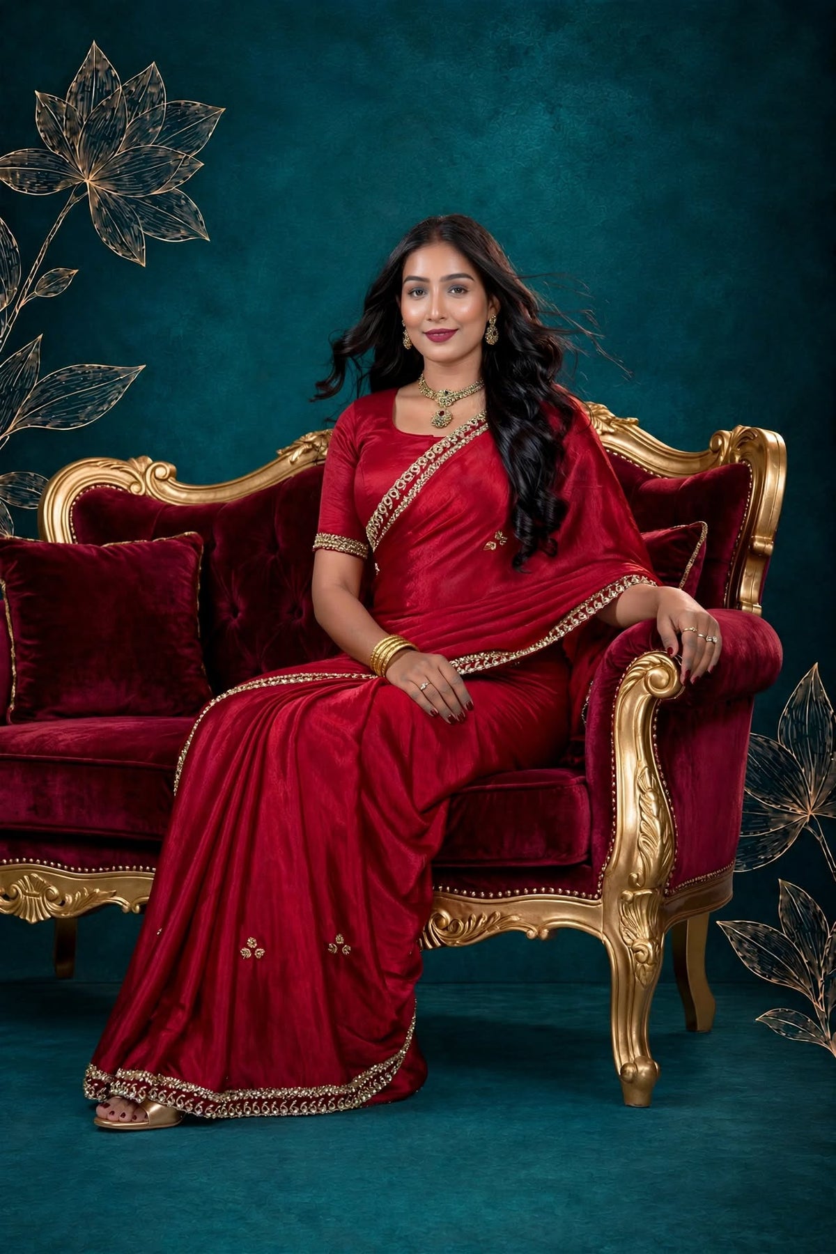 Metallic Cherry Red Kora Silk Shimmer Saree