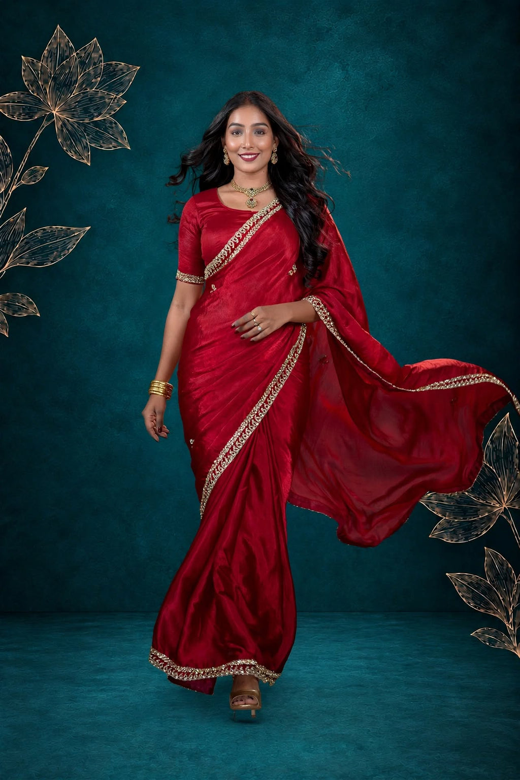 Metallic Cherry Red Kora Silk Shimmer Saree