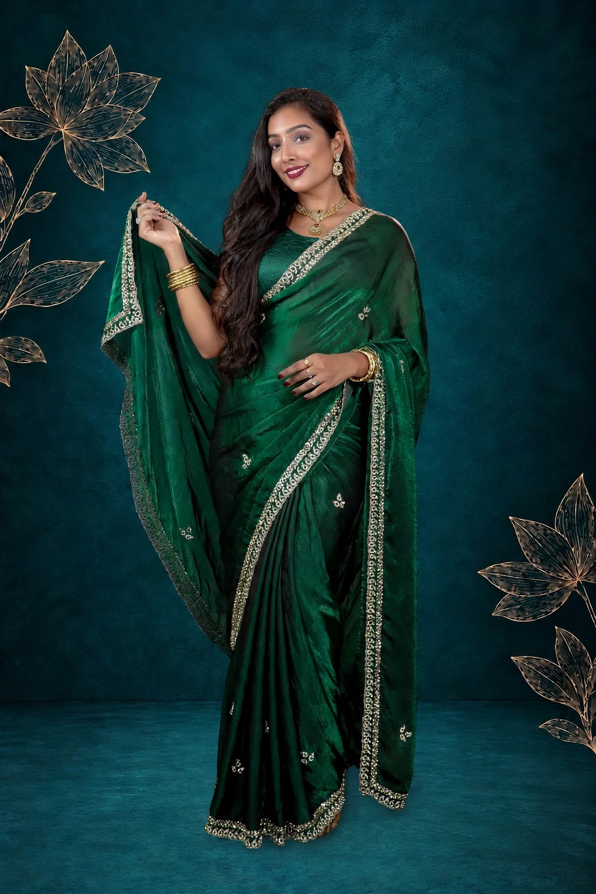 Metallic Emerald Green Kora Silk Shimmer Saree