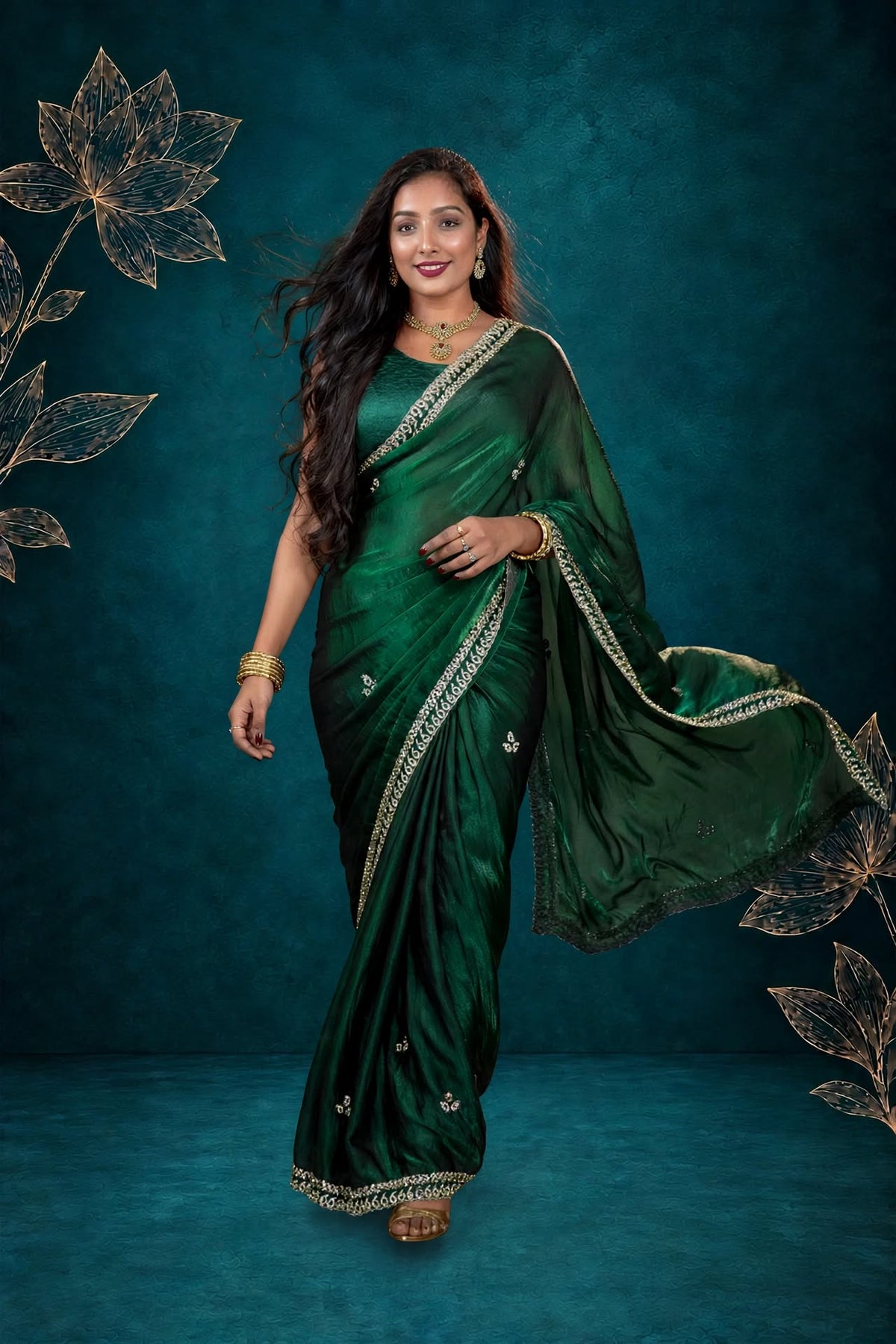 Metallic Emerald Green Kora Silk Shimmer Saree