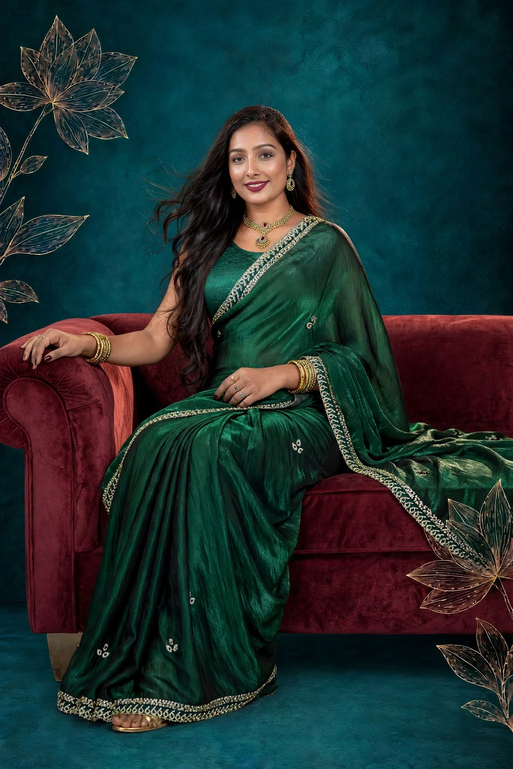 Metallic Emerald Green Kora Silk Shimmer Saree