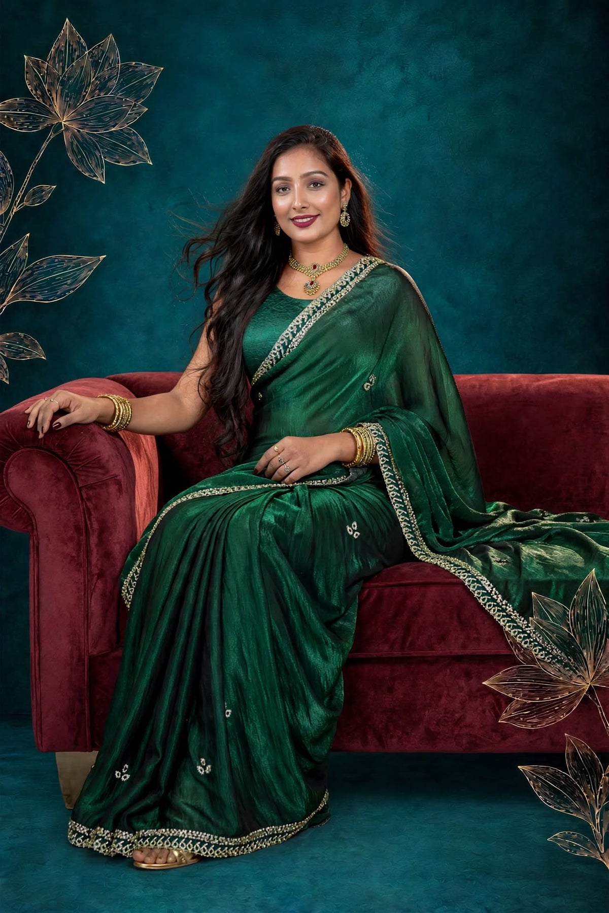 Metallic Emerald Green Kora Silk Shimmer Saree