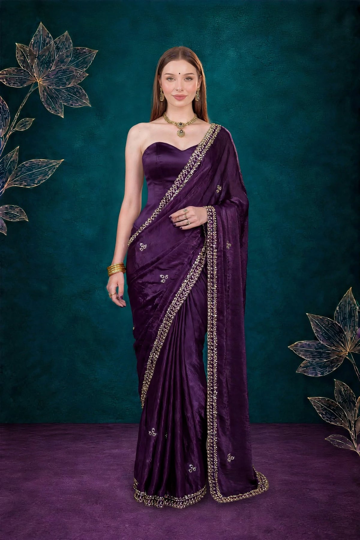 Metallic Dark Violet Kora Silk Shimmer Saree