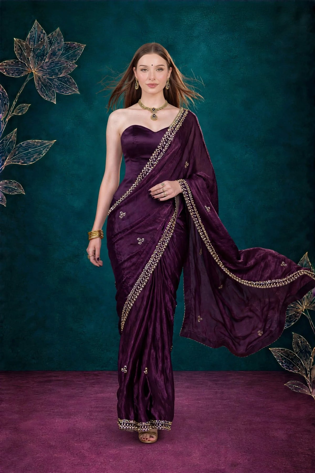 Metallic Dark Violet Kora Silk Shimmer Saree