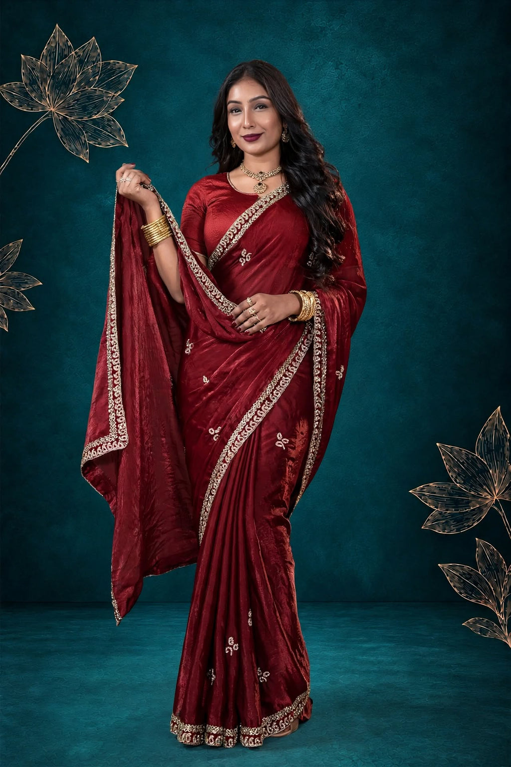 Metallic Cherry Red Kora Silk Shimmer Saree