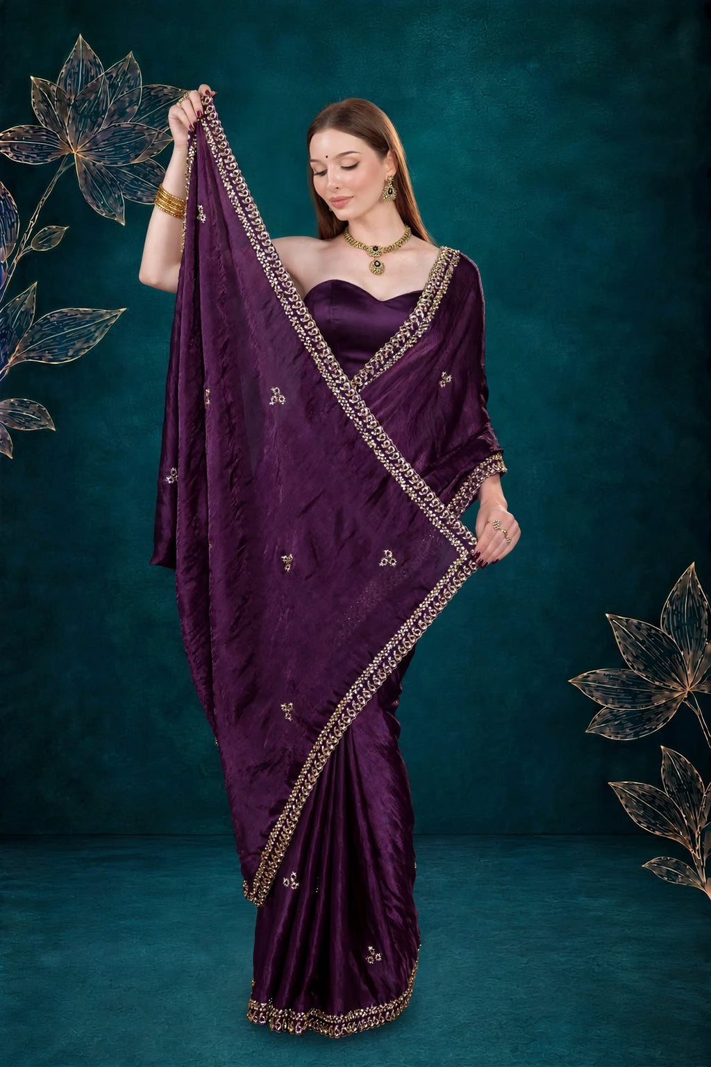 Metallic Dark Violet Kora Silk Shimmer Saree