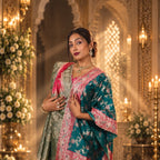 Premium Banarasi Silk Party Wear Saree with Contrast Dupatta & Heavy Stone Mirror Handwork