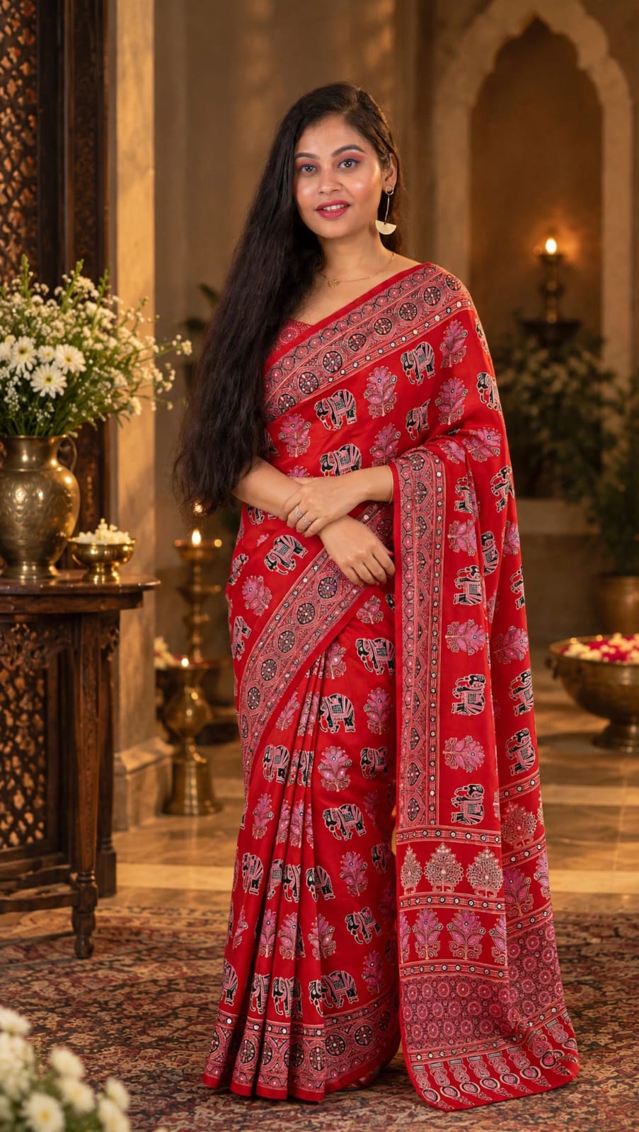 Red Ajrakh Block Print Saree