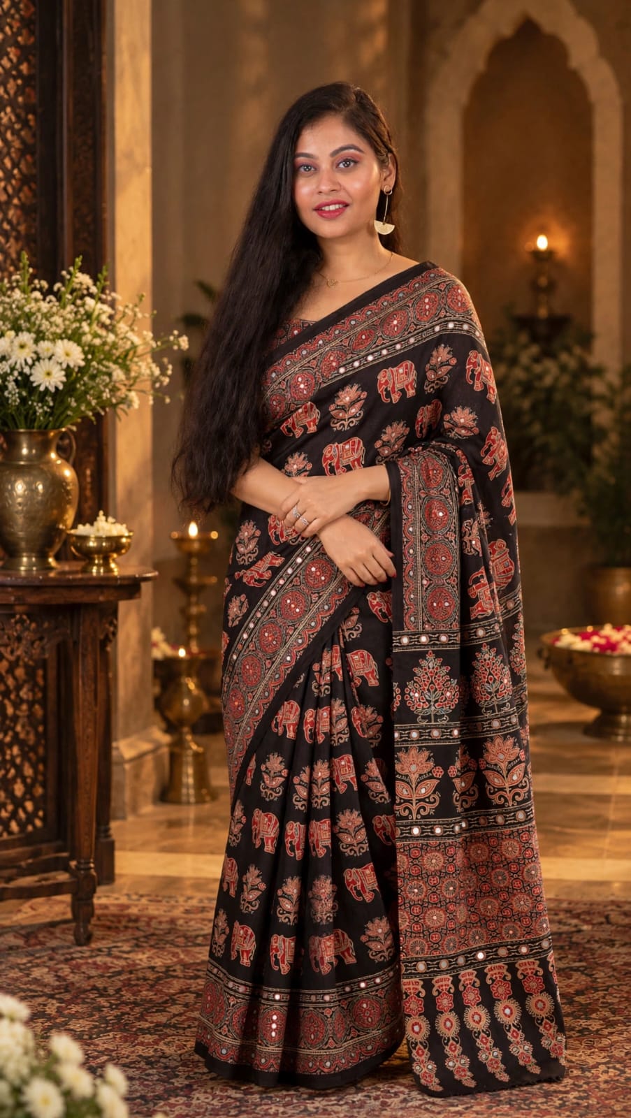 black Ajrakh block Print   Saree