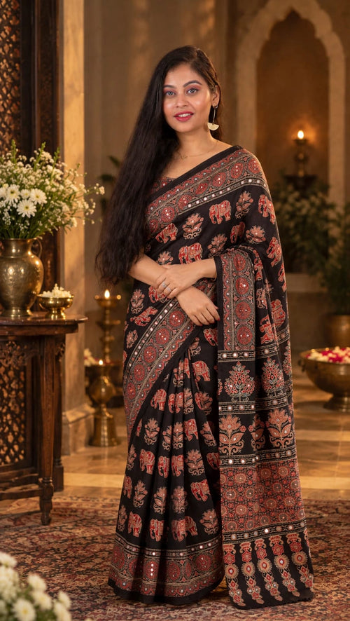 black Ajrakh block Print   Saree
