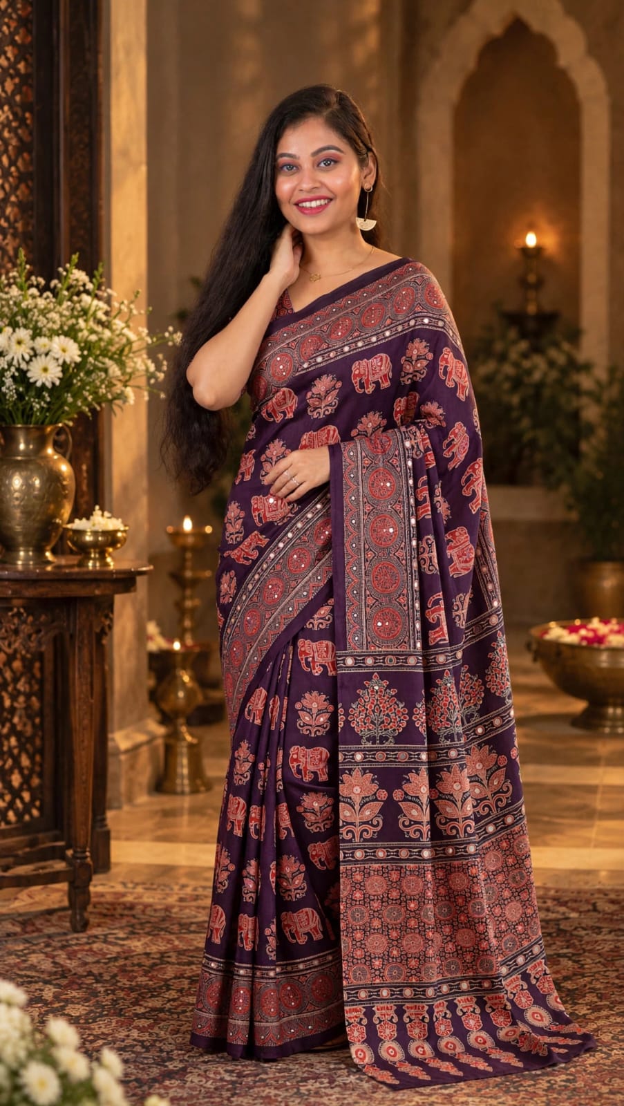 Wine Purple Ajrakh Block Print Saree