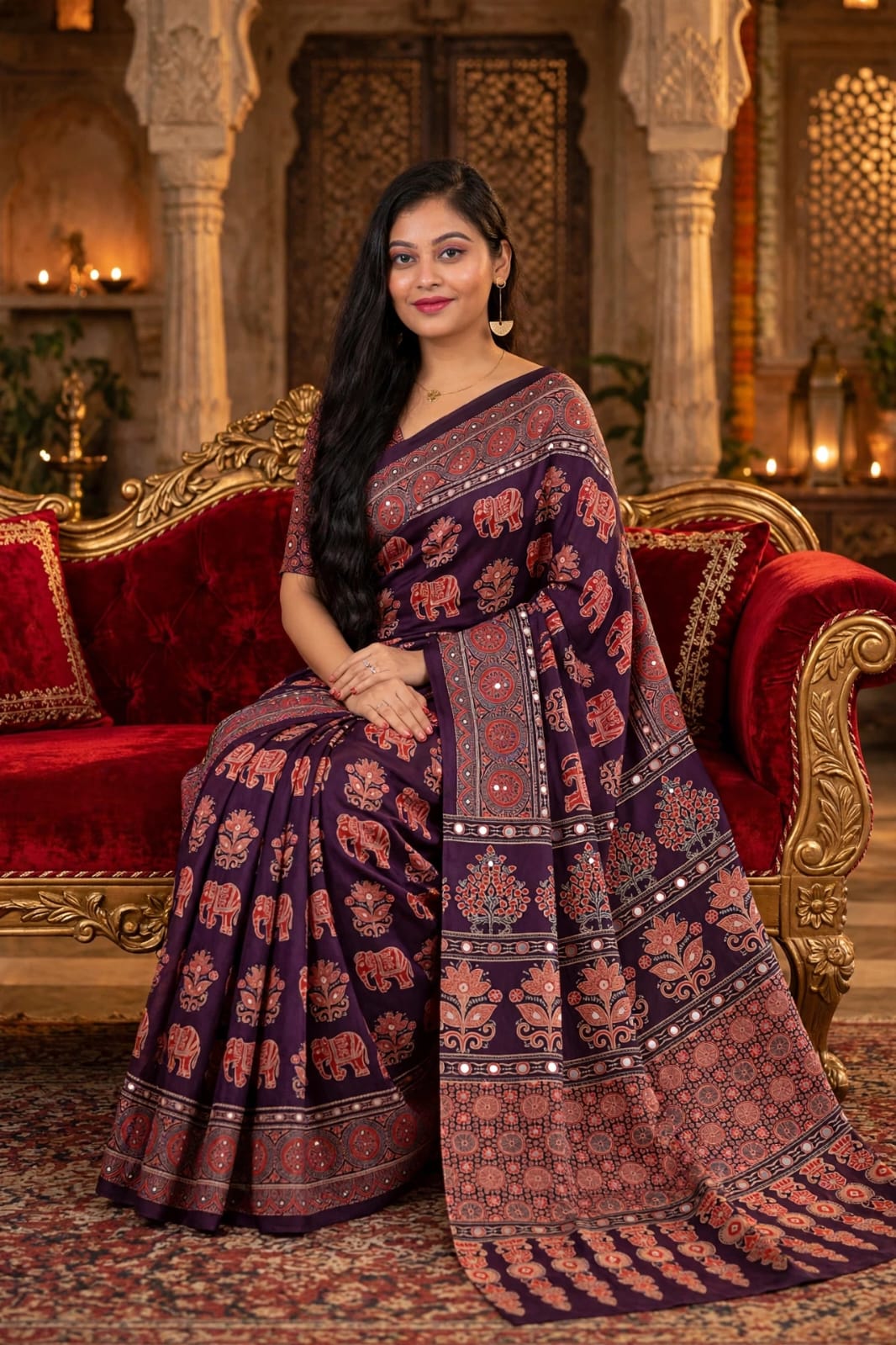 Wine Purple Ajrakh Block Print Saree