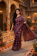 Wine Purple Ajrakh Block Print Saree