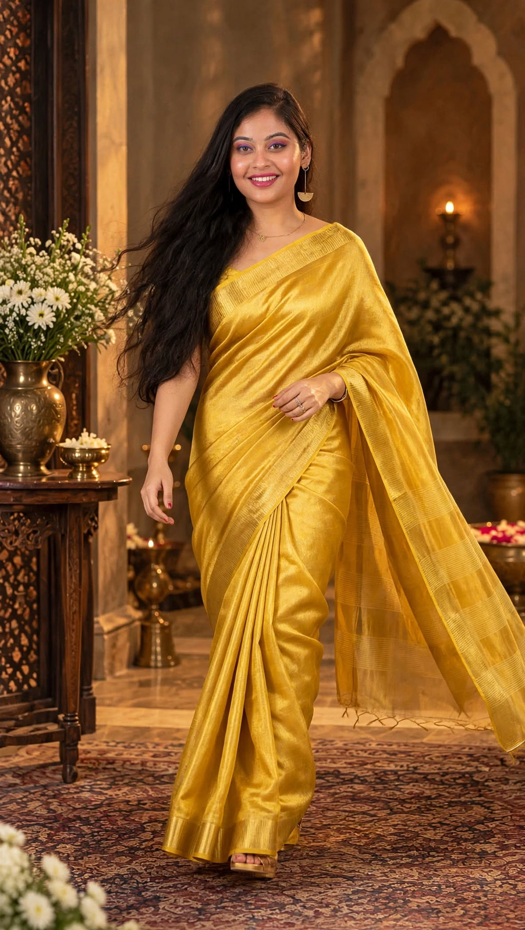 Yellow Hand Wovan Zari Tissue Silk Saree
