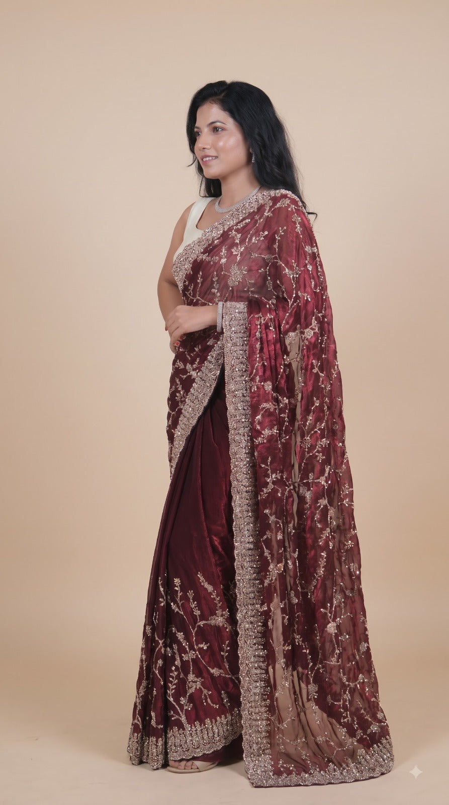 Metallic Maroon Pure Kora Silk Shimmer