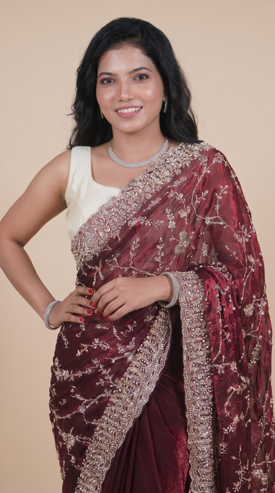 Metallic Maroon Pure Kora Silk Shimmer