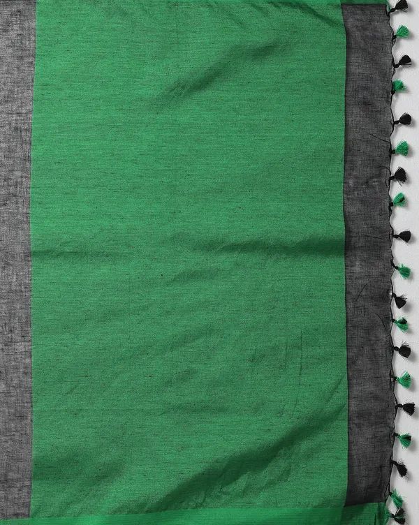 Pure Linen Black Saree with Green Border & Tassel Pallu