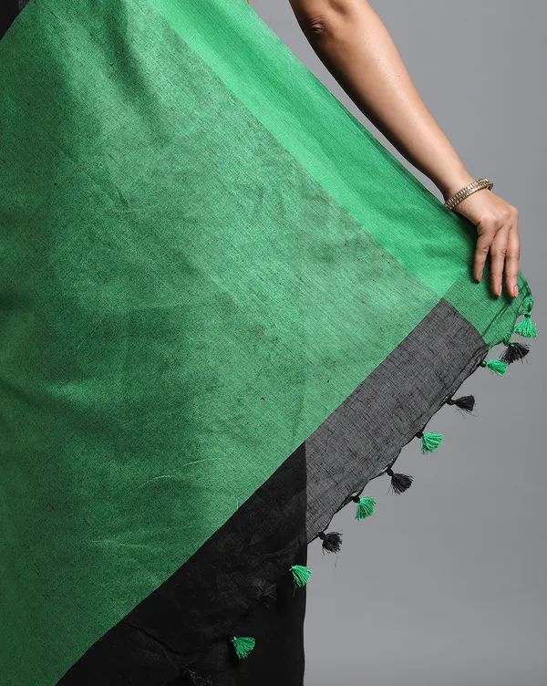 Pure Linen Black Saree with Green Border & Tassel Pallu