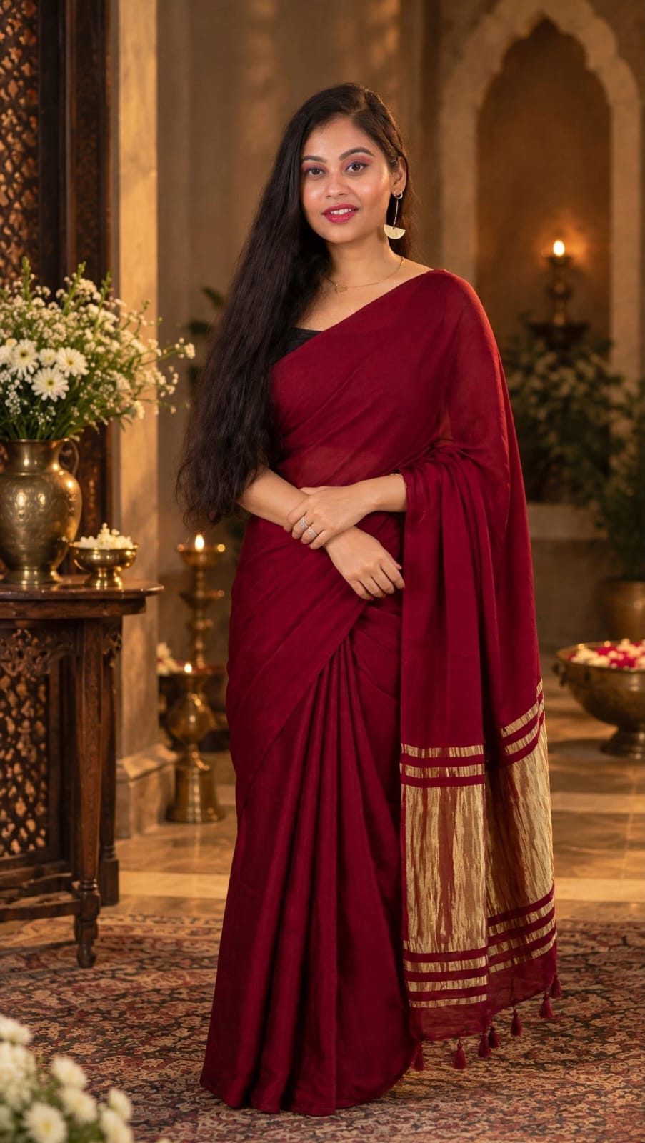 Premium Ruby Red Gaji Silk Saree with Golden Pallu