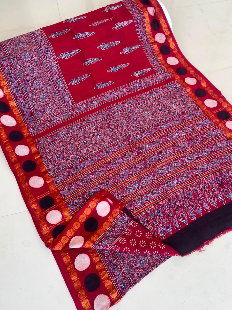 Maroon Ajrakh Block Print Soft Cotton Saree with Zari Border - Handcrafted