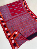 Maroon Ajrakh Block Print Soft Cotton Saree with Zari Border - Handcrafted