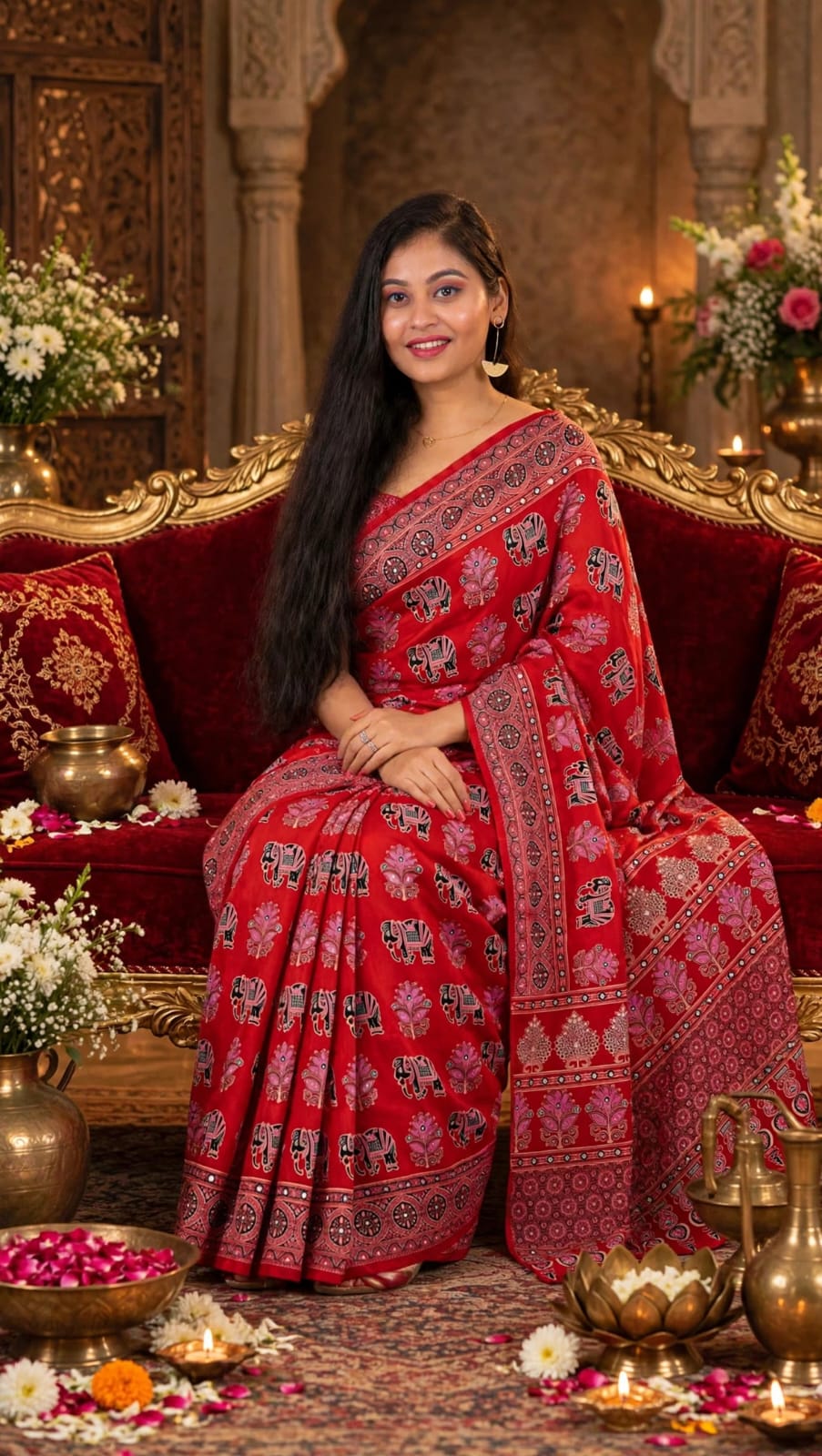 Red Ajrakh Block Print Saree