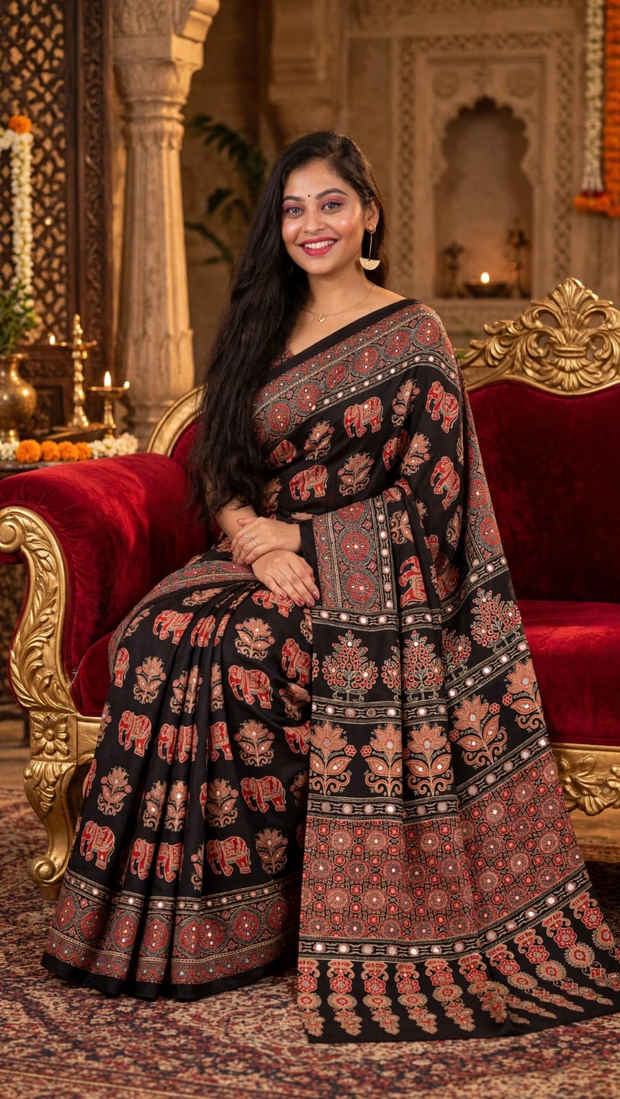 black Ajrakh block Print   Saree