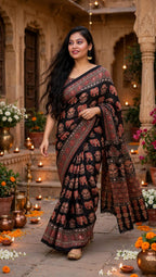 black Ajrakh block Print   Saree