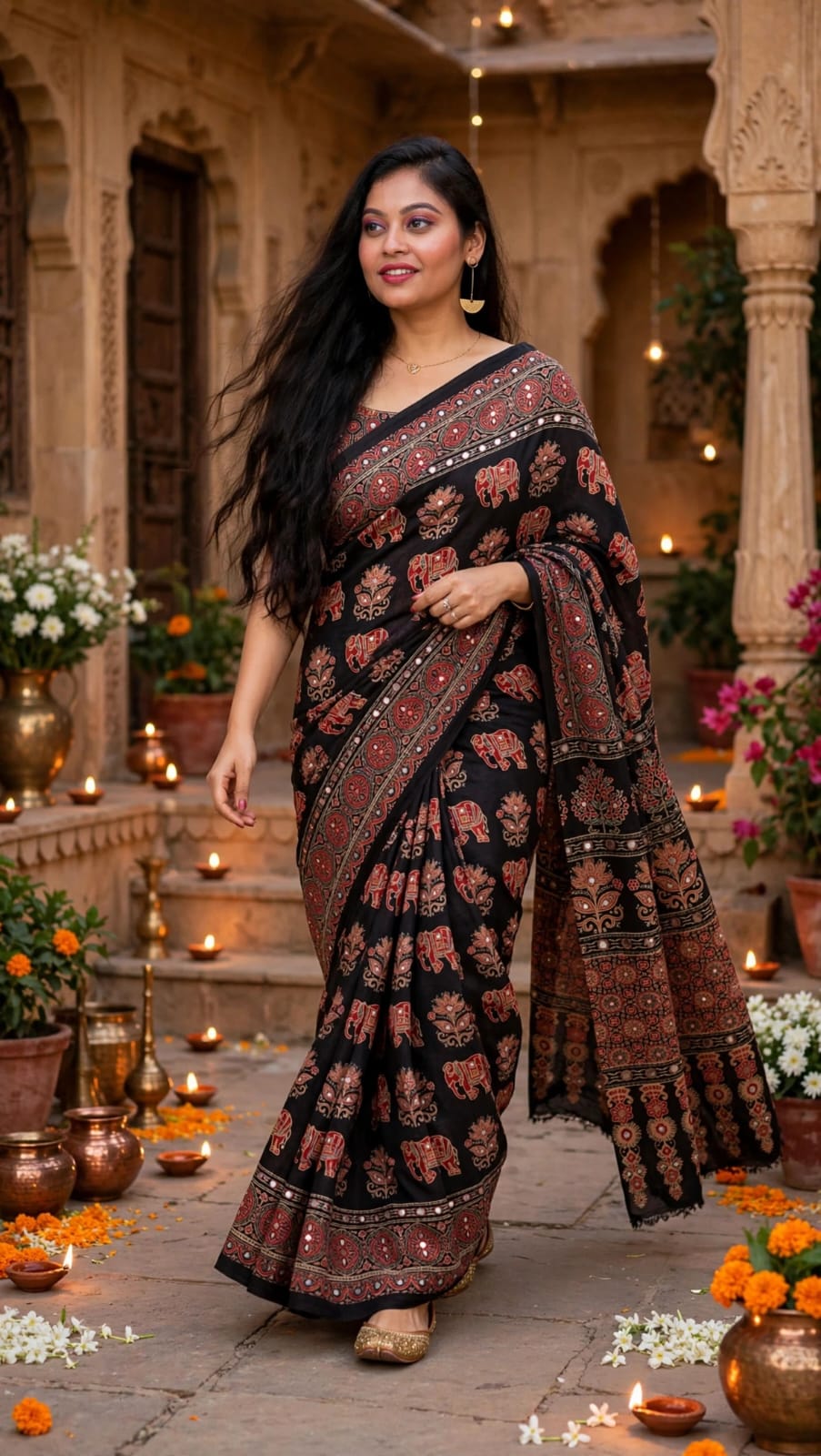 black Ajrakh block Print   Saree