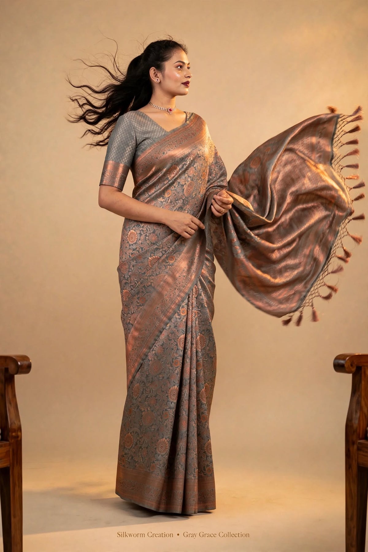 Gray Copper Kanjivaram Silk Saree